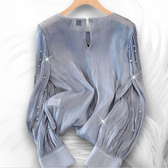 Light Blue Pearl Embellished Sheer Blouse – Long Sleeve Elegant Top - Picture 2 of 7